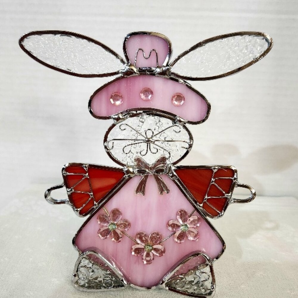 VTG Stained Glass Easter Bunny w/pink dress Votive Candle Holder